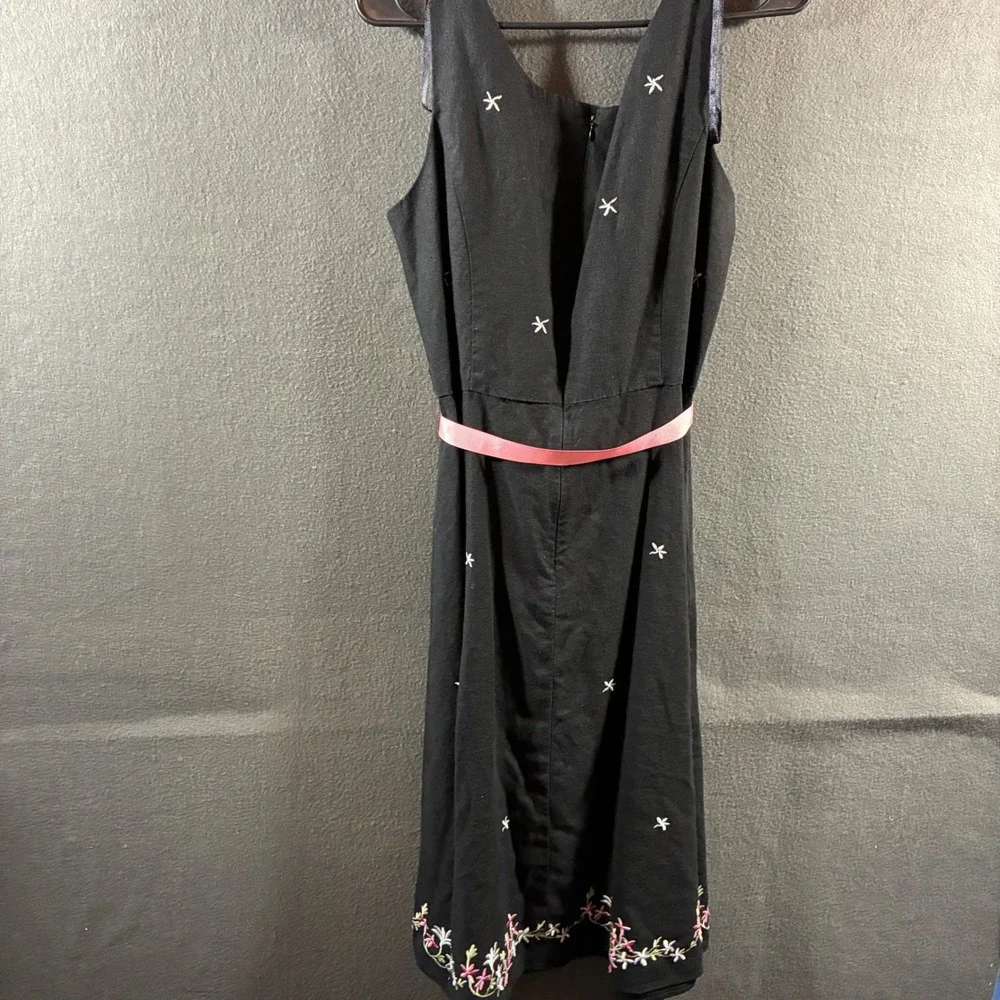 women linen Dress 12 black Floral Embroidered Midi Pink coastal beach cottage